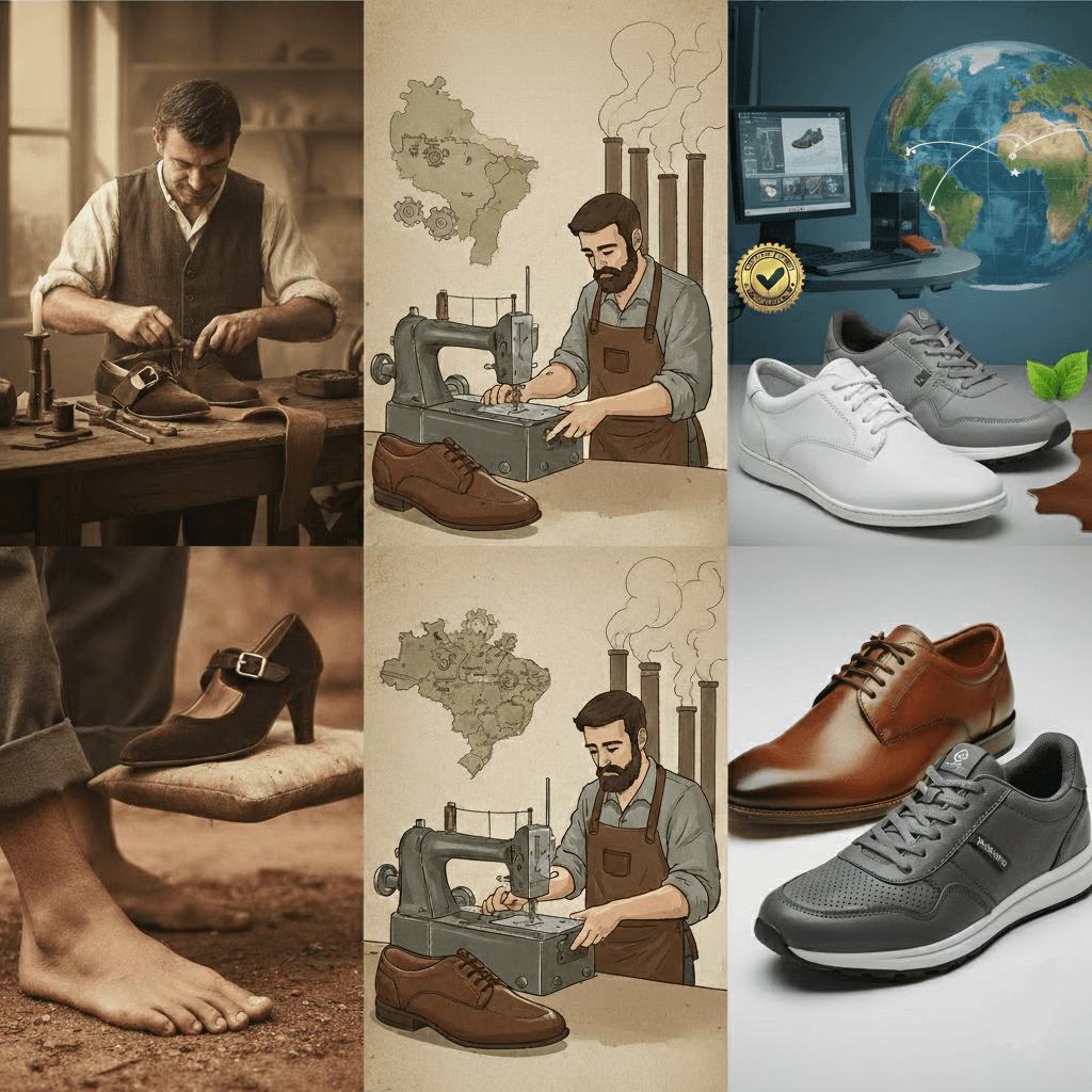 Evolução da história dos calçados no Brasil, da produção artesanal de sapatos de couro à indústria moderna e global.