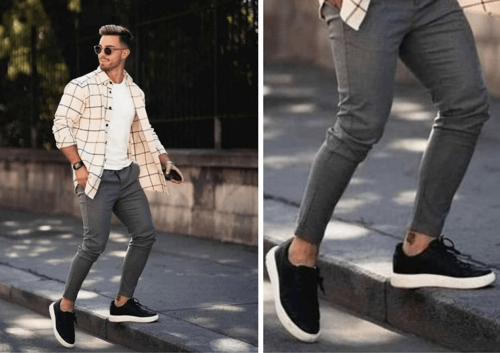 Homem estiloso em ambiente urbano, vestindo calça cinza escura slim fit, tênis casual preto com sola branca, camiseta branca básica e camisa xadrez bege/creme e branca aberta. Ele usa óculos de sol redondos. A segunda foto é um close-up mostrando a calça e o tênis.