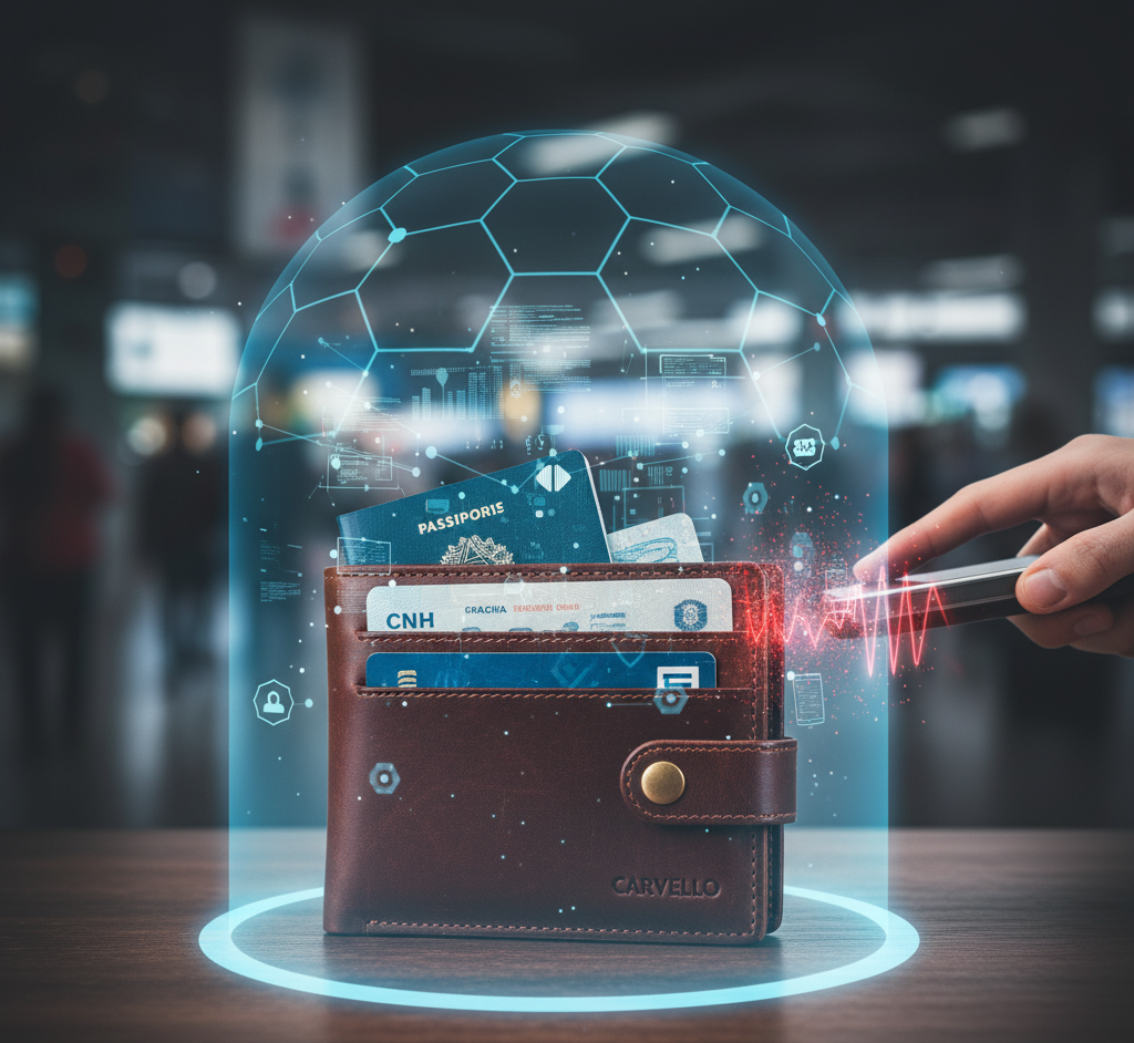 Carteira de couro masculina Carvello com proteção RFID, protegendo documentos com chip (passaporte, CNH, cartões) de um scanner de roubo de dados, simbolizado por um escudo digital