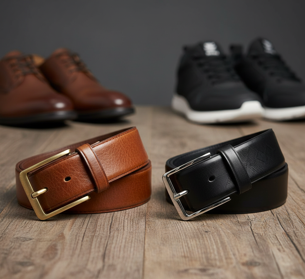 Dois cintos masculinos de couro (um marrom e um preto) com fivelas de metal, em uma superfície de madeira. Sapatos sociais e tênis ao fundo, ilustrando a versatilidade de estilo.