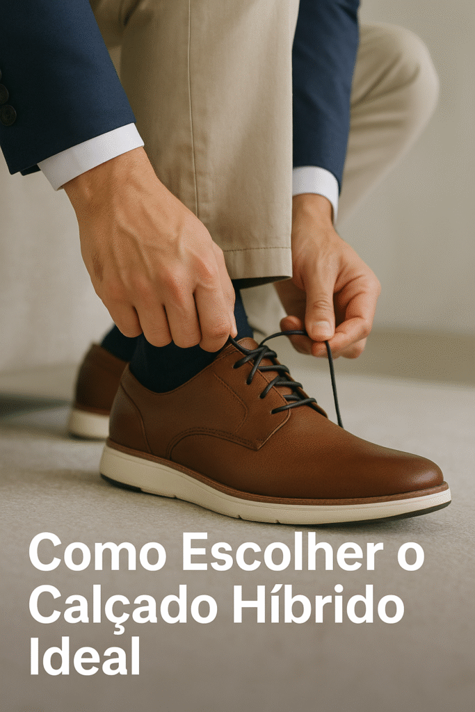 Homem ajustando um calçado híbrido marrom, combinando elegância e conforto em um look moderno.