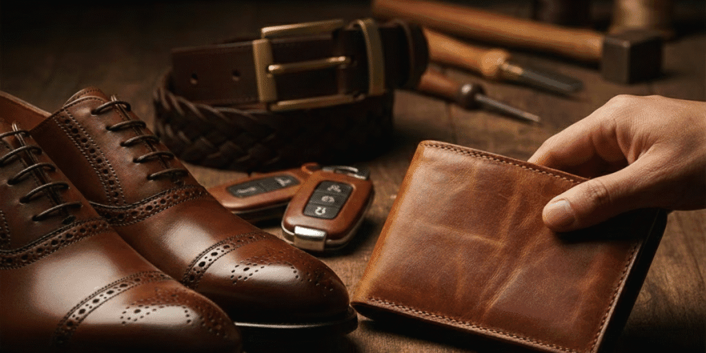 Conjunto de acessórios masculinos em couro, sapatos sociais, cinto trançado, carteira e chaveiro, dispostos sobre mesa de madeira, destacando estilo, qualidade e acabamento artesanal.