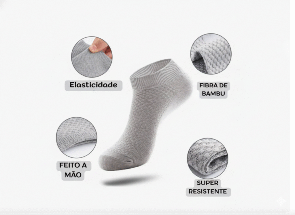 Meia de bambu cinza detalhando elasticidade, fibra, confecção manual e resistência.