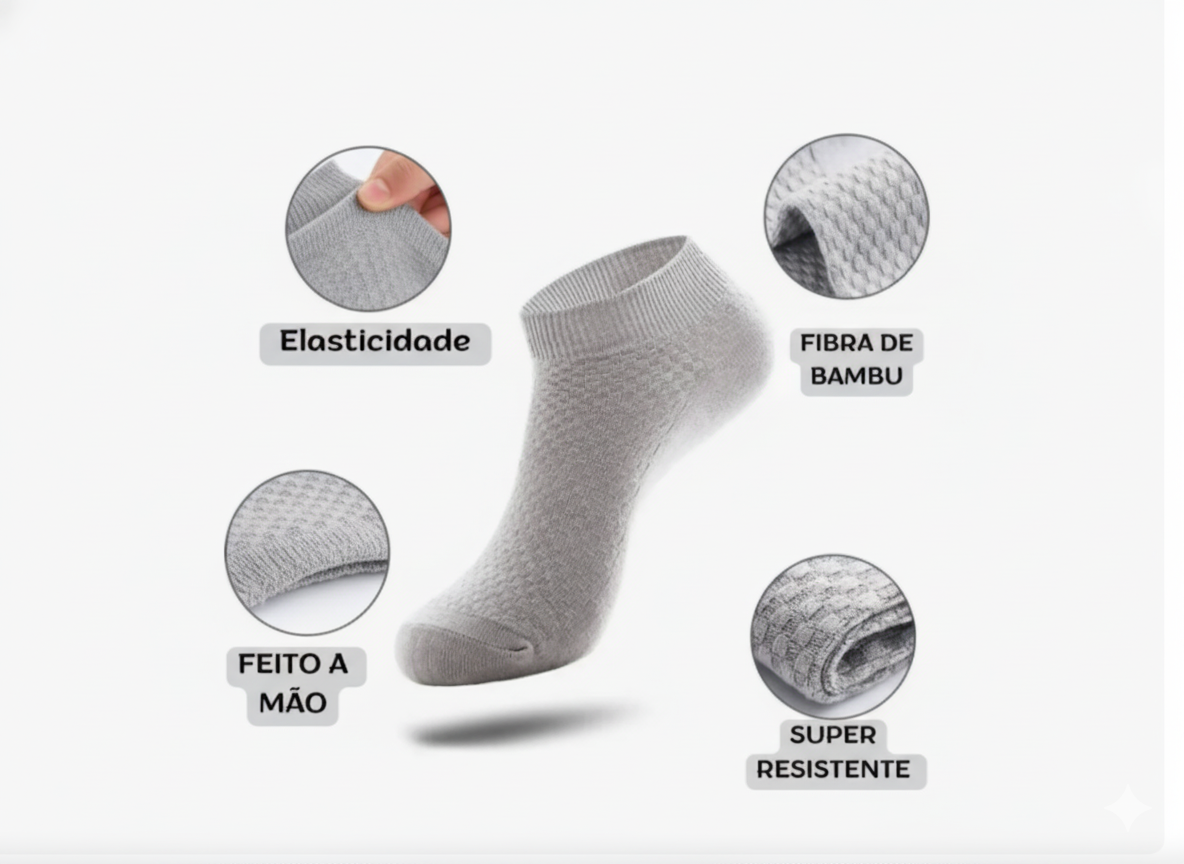 Meia de bambu cinza detalhando elasticidade, fibra, confecção manual e resistência.