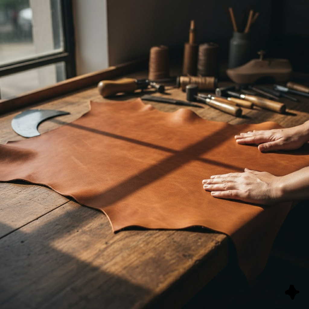 Couro cru de alta qualidade em tom caramelo sobre uma mesa de madeira. Mãos de um artesão tocam o material. Ferramentas tradicionais de sapateiro e de curtume, como formões e carretéis de linha, estão em segundo plano, ilustrando o processo artesanal na indústria calçadista