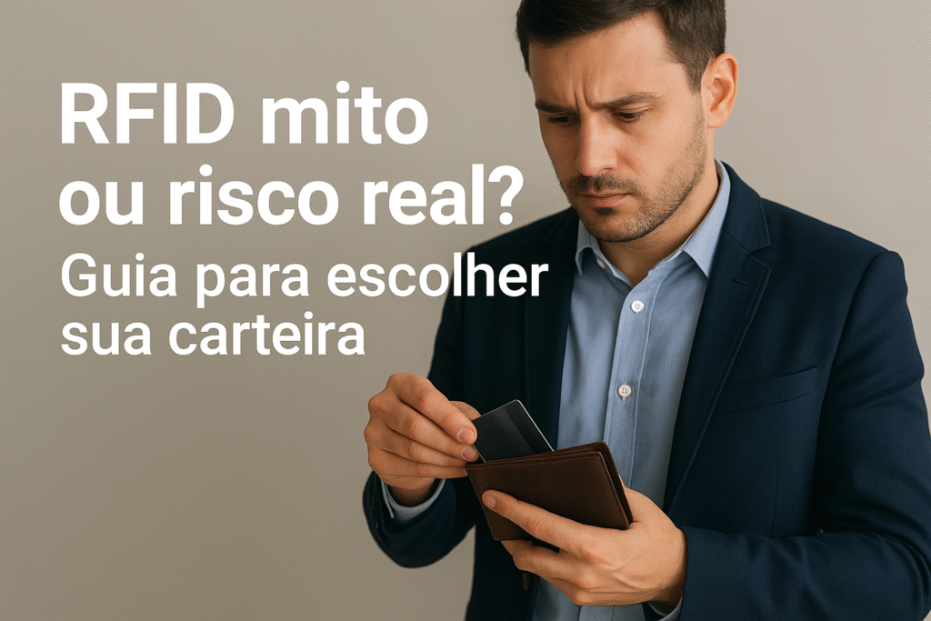 Homem analisando uma carteira masculina com tecnologia RFID, refletindo sobre RFID mito ou risco real e como escolher proteção e estilo no acesso ao calçado híbrido ideal
