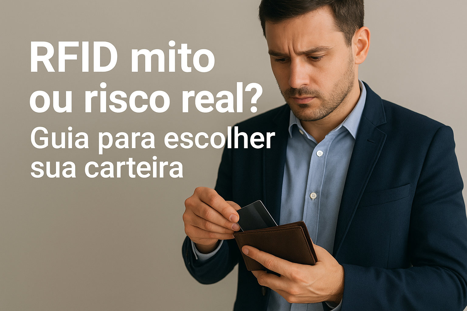 Homem analisando uma carteira masculina com tecnologia RFID, refletindo sobre RFID mito ou risco real e como escolher proteção e estilo no acesso ao calçado híbrido ideal