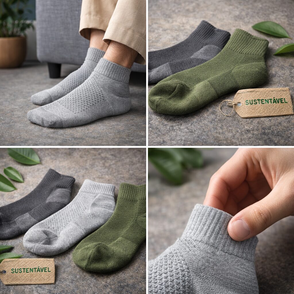 Meias sustentáveis masculinas em tons neutros, com textura respirável e acabamento premium, destacando conforto, durabilidade e materiais ecológicos para o dia a dia do homem moderno.