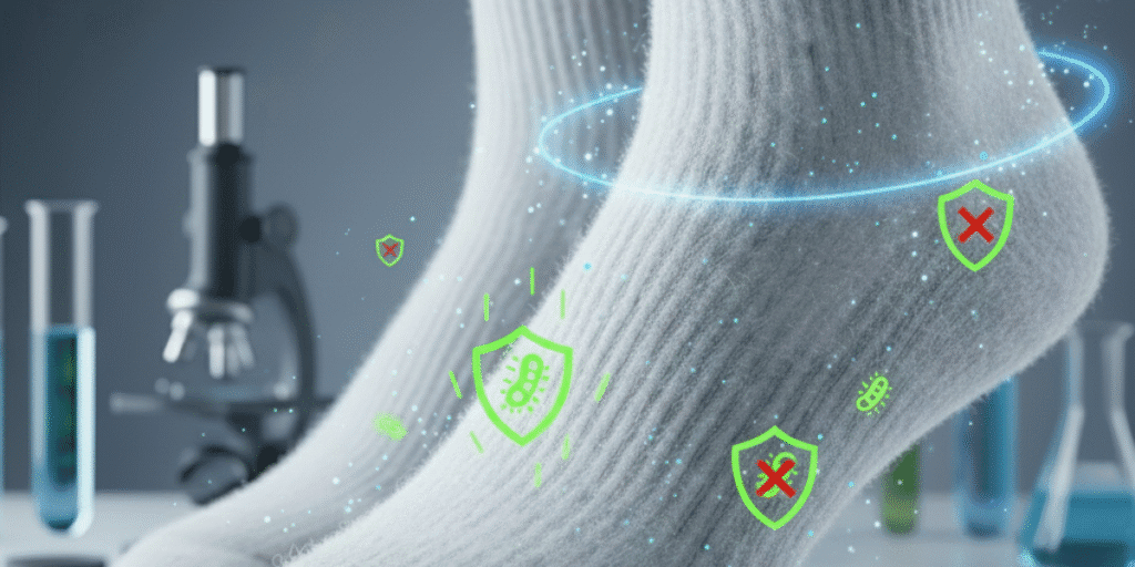 Close em pés usando meias de bambu brancas com efeito visual antibacteriano, representando proteção, tecnologia e conforto para o dia a dia