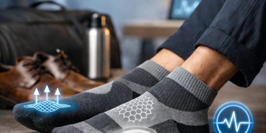 Meias masculinas com tecnologia de conforto, mostrando áreas de ventilação e suporte anatômico nos pés, ideais para a rotina diária com mais bem-estar.