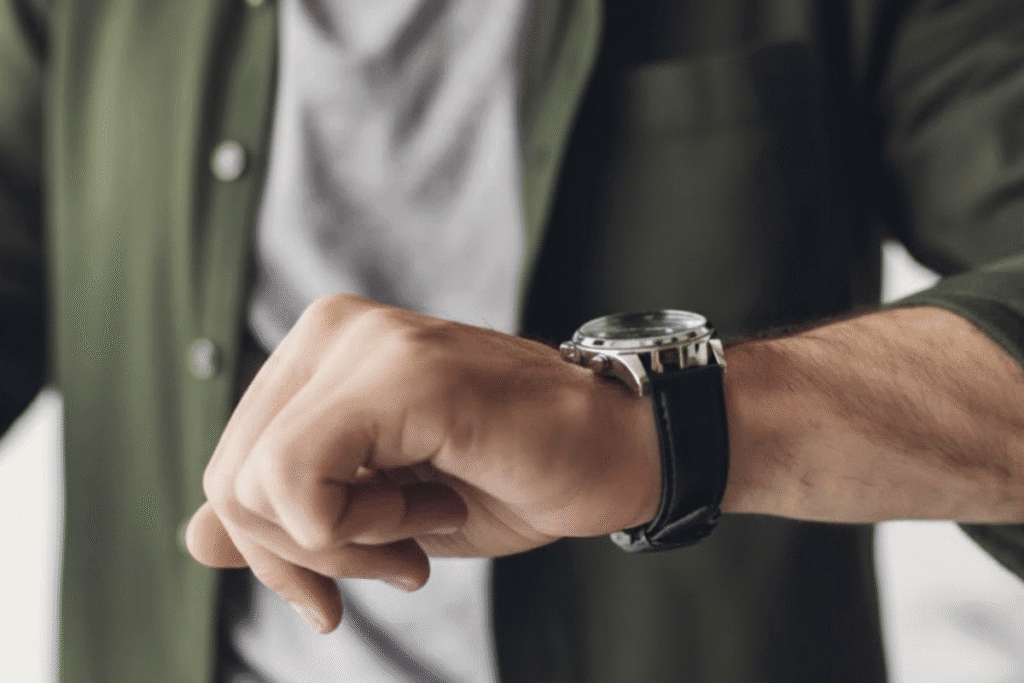Homem ajustando um relógio de pulso clássico com pulseira de couro preto, transmitindo estilo, pontualidade e presença no visual masculino moderno