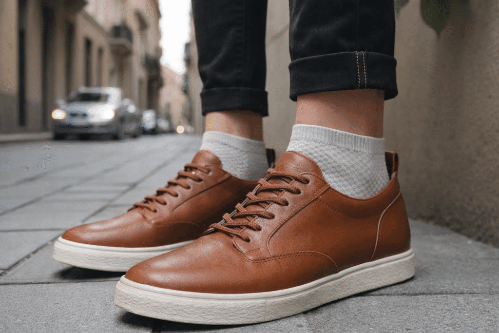 Par de sapatenis marrom em um ambiente urbano, vestindo meias confortais de bambu.