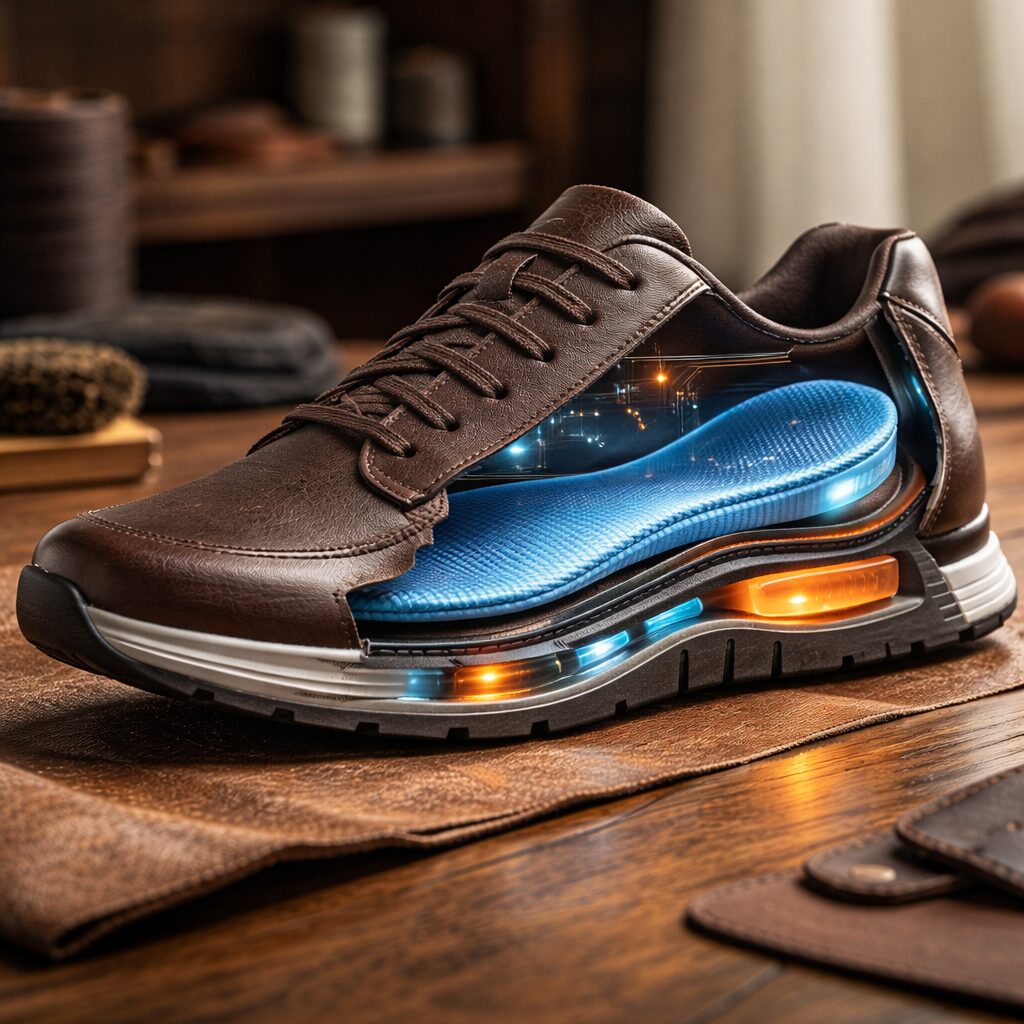 Calçado masculino com design clássico em couro, mostrando a estrutura interna de conforto com palmilha anatômica e sistema de amortecimento invisível para uso diário