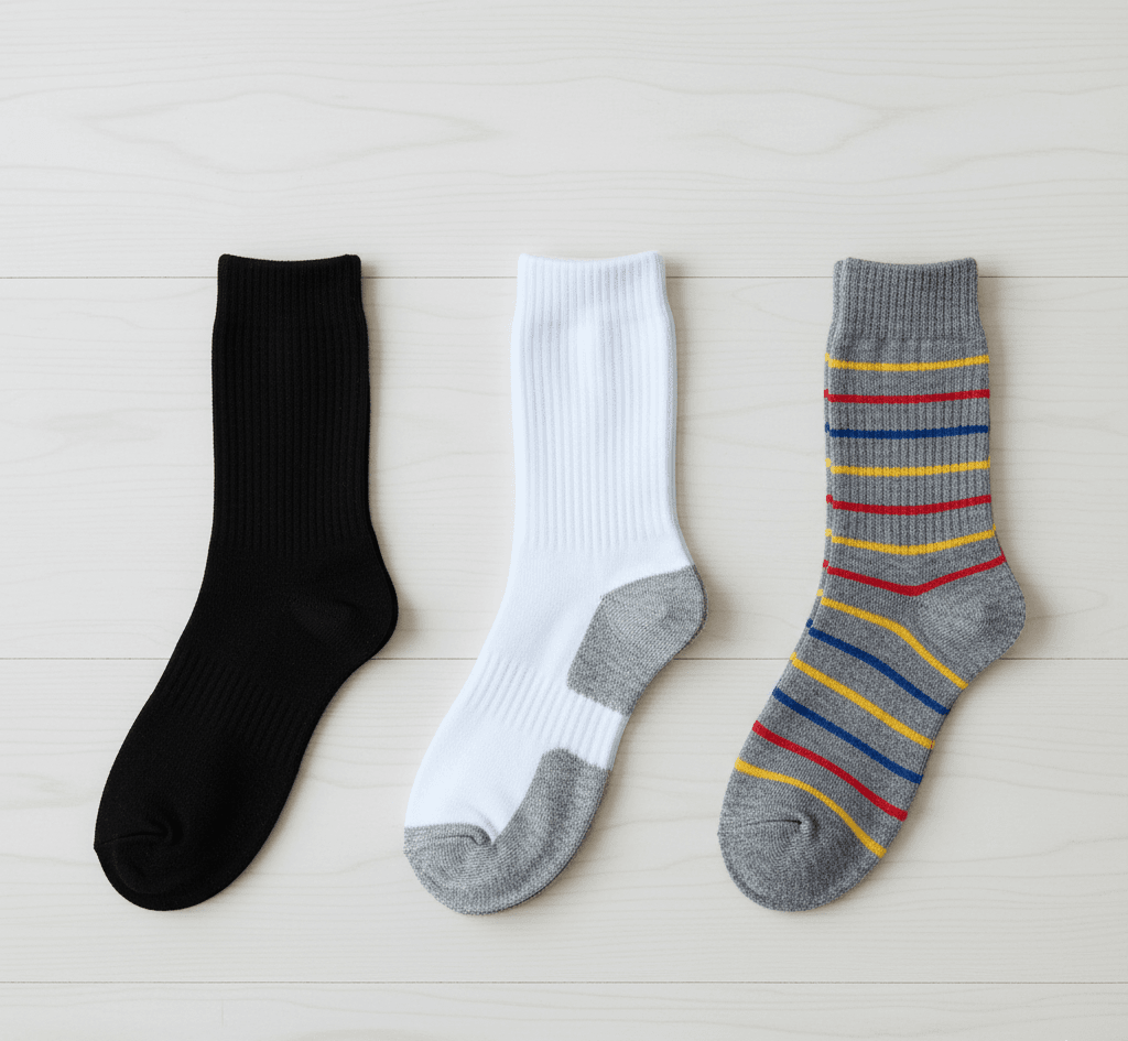 Meias masculinas em três estilos, preta lisa, branca esportiva e cinza listrada, organizadas lado a lado sobre fundo claro, mostrando opções ideais para diferentes tipos de sapato masculino.