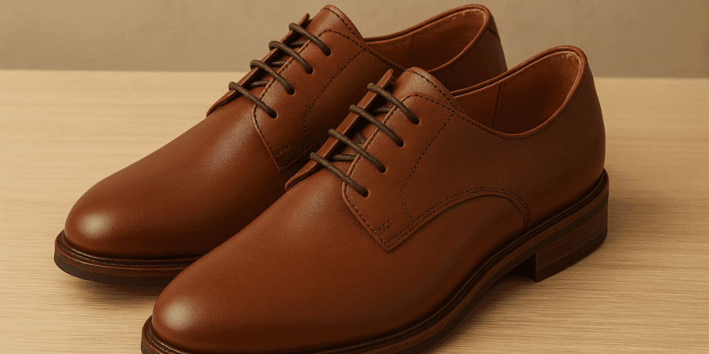 Par de sapatos masculinos de couro marrom, artesanais e de design clássico, dispostos sobre superfície de madeira clara em ambiente minimalista