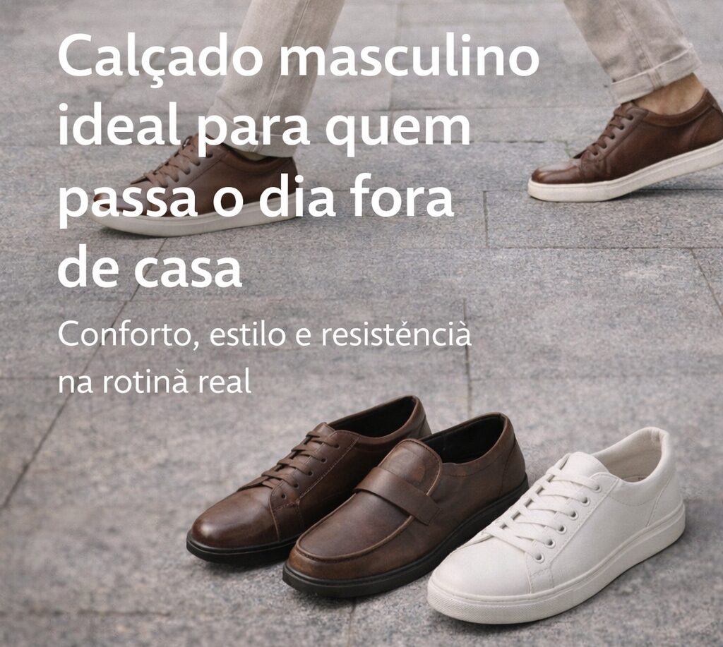 Calçado masculino ideal para quem passa o dia fora de casa, com homem caminhando na cidade e modelos de sapatos e tênis confortáveis e versáteis.