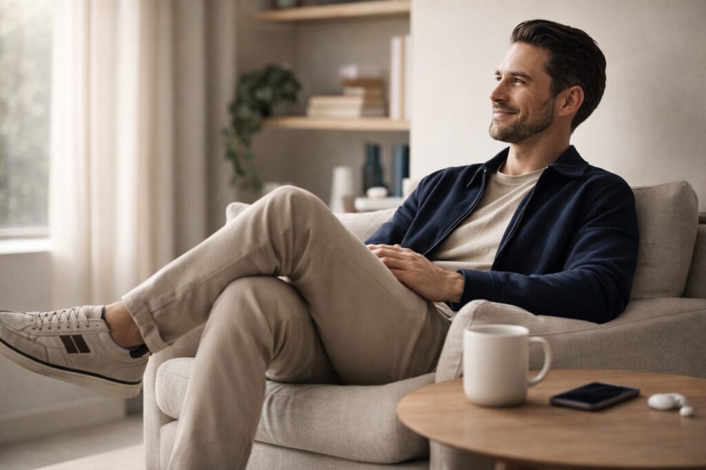 Homem moderno relaxando em casa, usando calçado masculino confortável, representando a valorização do conforto, bem-estar e qualidade de vida na rotina masculina.