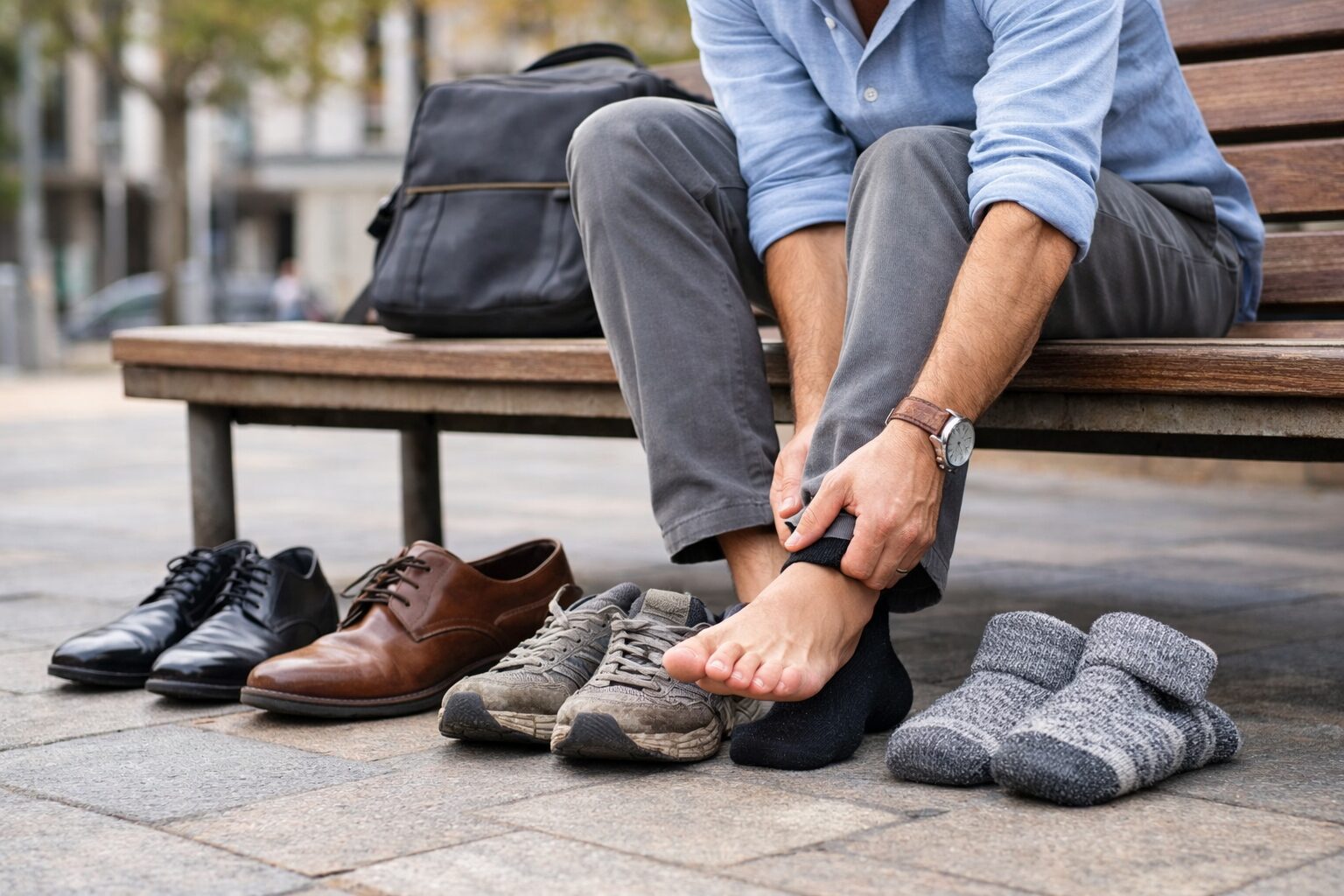 Homem sentado retirando o calçado após um dia intenso, ilustrando erros comuns que afetam o bem-estar dos pés no uso diário