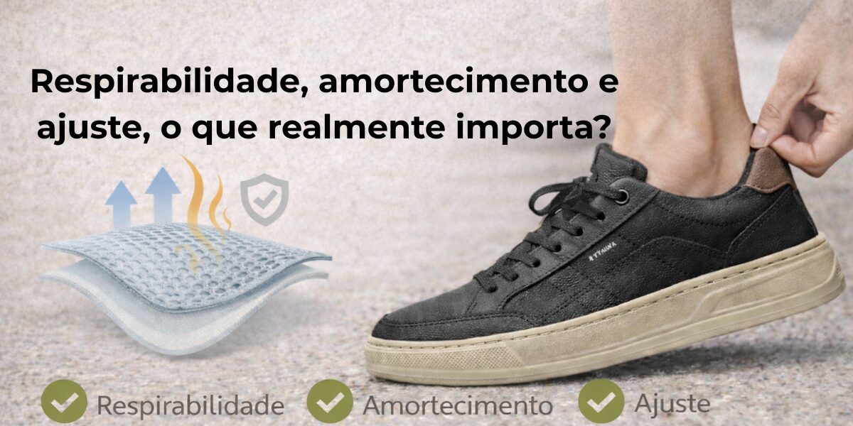 Tênis masculino preto com solado claro destacando respirabilidade, amortecimento e ajuste ideal como fatores essenciais para escolher um calçado confortável.
