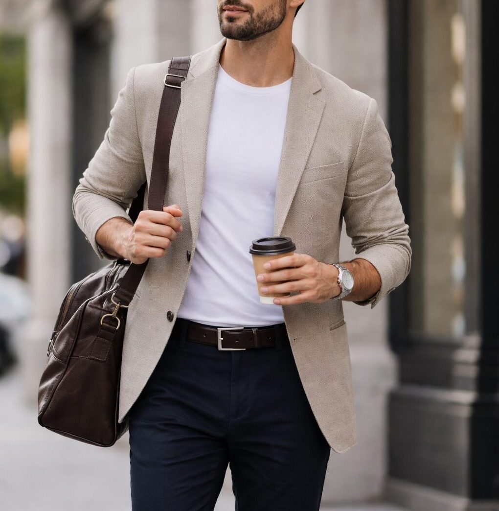 Homem caminhando na cidade com blazer casual, camiseta branca e calça escura, exemplo de conforto e elegância na rotina masculina com estilo moderno