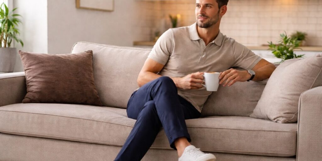 Homem elegante e confortável sentado em um sofá em ambiente moderno, usando polo neutra, calça casual e tênis branco, segurando uma xícara de café, representando estilo masculino equilibrado entre conforto e elegância no dia a dia.
