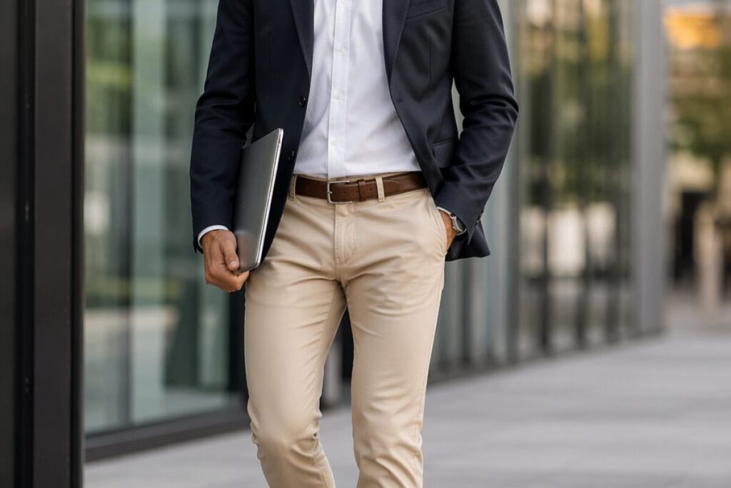 Homem em estilo business casual caminhando em ambiente urbano moderno, usando blazer escuro, camisa branca, calça chino bege e segurando um notebook, representando elegância e conforto na rotina masculina.